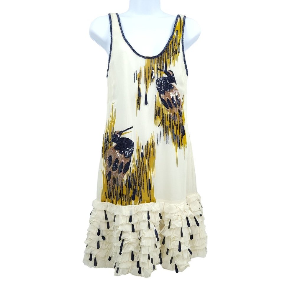 French Connection Mini Dress Sequins Beads Size 2 Flapper Gatsby Heron Crane